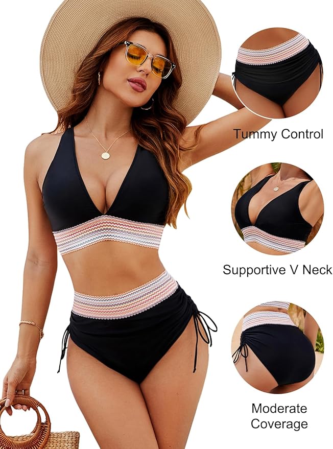 Blooming Jelly – Conjunto de Bikini de Cintura Alta para Mujer, Traje de Baño de Dos Piezas con Control de Abdomen y Diseño de Bloque de Color - Imagen 2