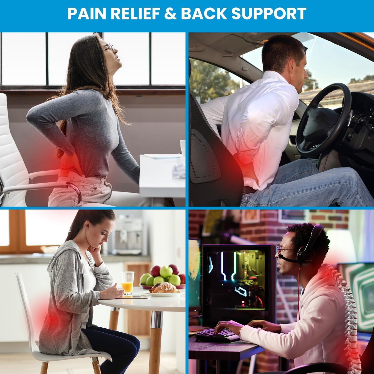 QUTOOL – Almohada de Apoyo Lumbar para Silla de Oficina, Automóvil y Silla de Juegos, Cojín Reclinable de Espuma Viscoelástica con Cubierta de Malla y Doble Correa Ajustable para Alivio del Dolor de Espalda y Mejora de la Postura - Imagen 2