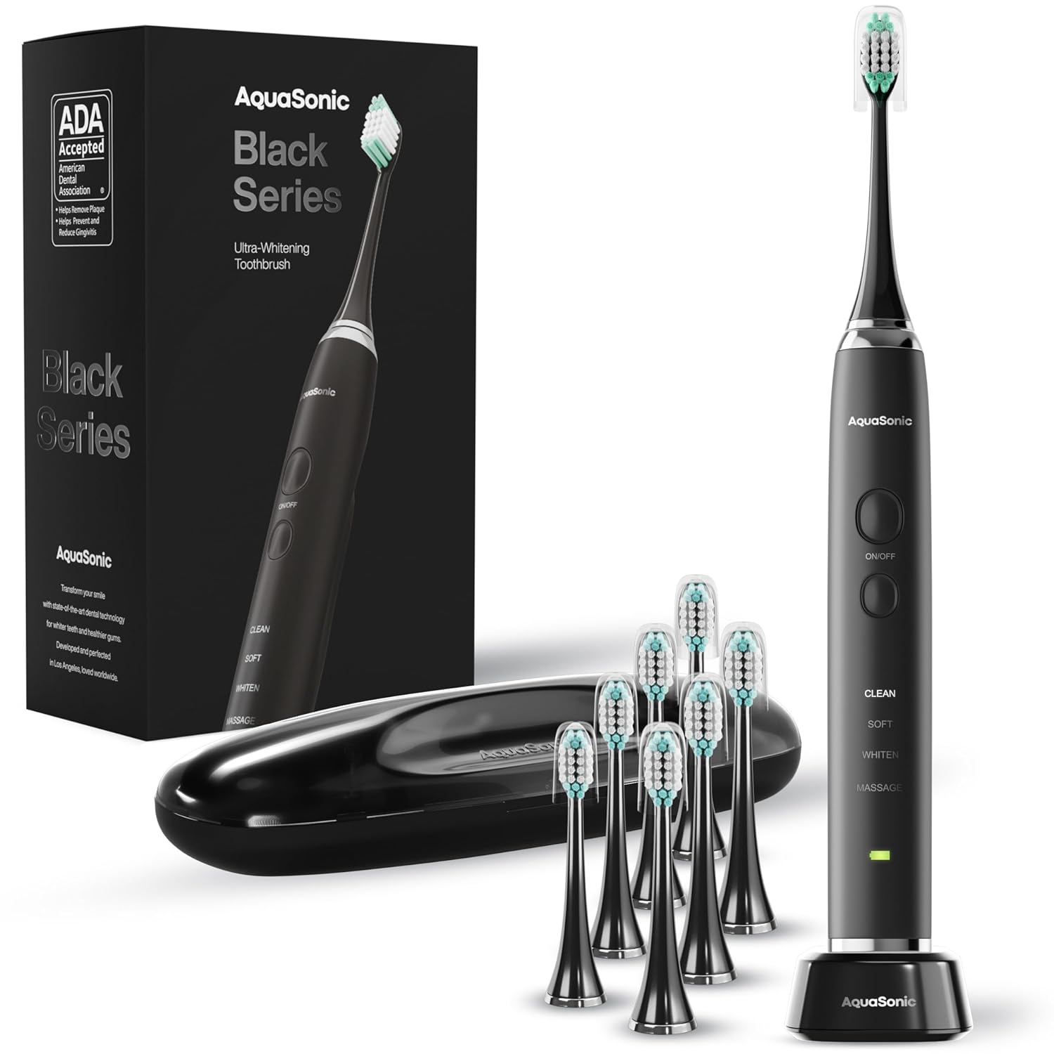 AquaSonic Black Series - Cepillo de Dientes Ultrablancador con 8 Cabezales y Funda de Viaje
