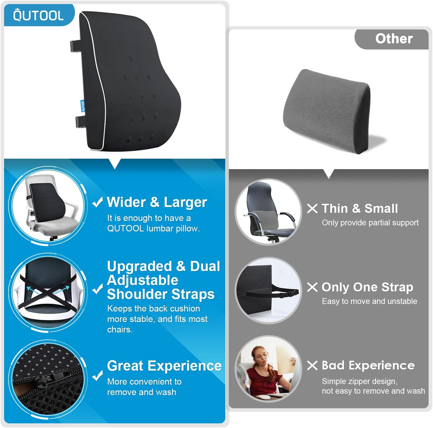 QUTOOL – Almohada de Apoyo Lumbar para Silla de Oficina, Automóvil y Silla de Juegos, Cojín Reclinable de Espuma Viscoelástica con Cubierta de Malla y Doble Correa Ajustable para Alivio del Dolor de Espalda y Mejora de la Postura - Imagen 4