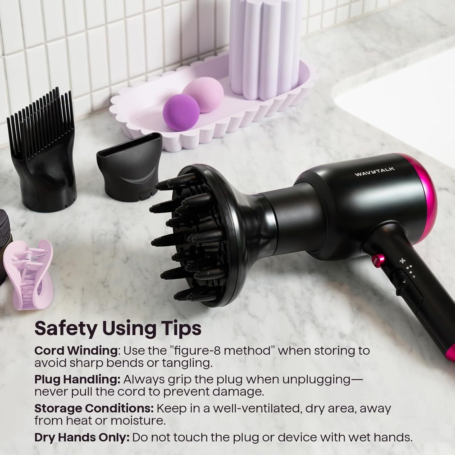 Wavytalk - Secador de Pelo con Difusor, Secador Iónico de 1875 W para Cabello Rizado con Peine, Secado Rápido con Tecnología Anti-Frizz Profesional - Imagen 5