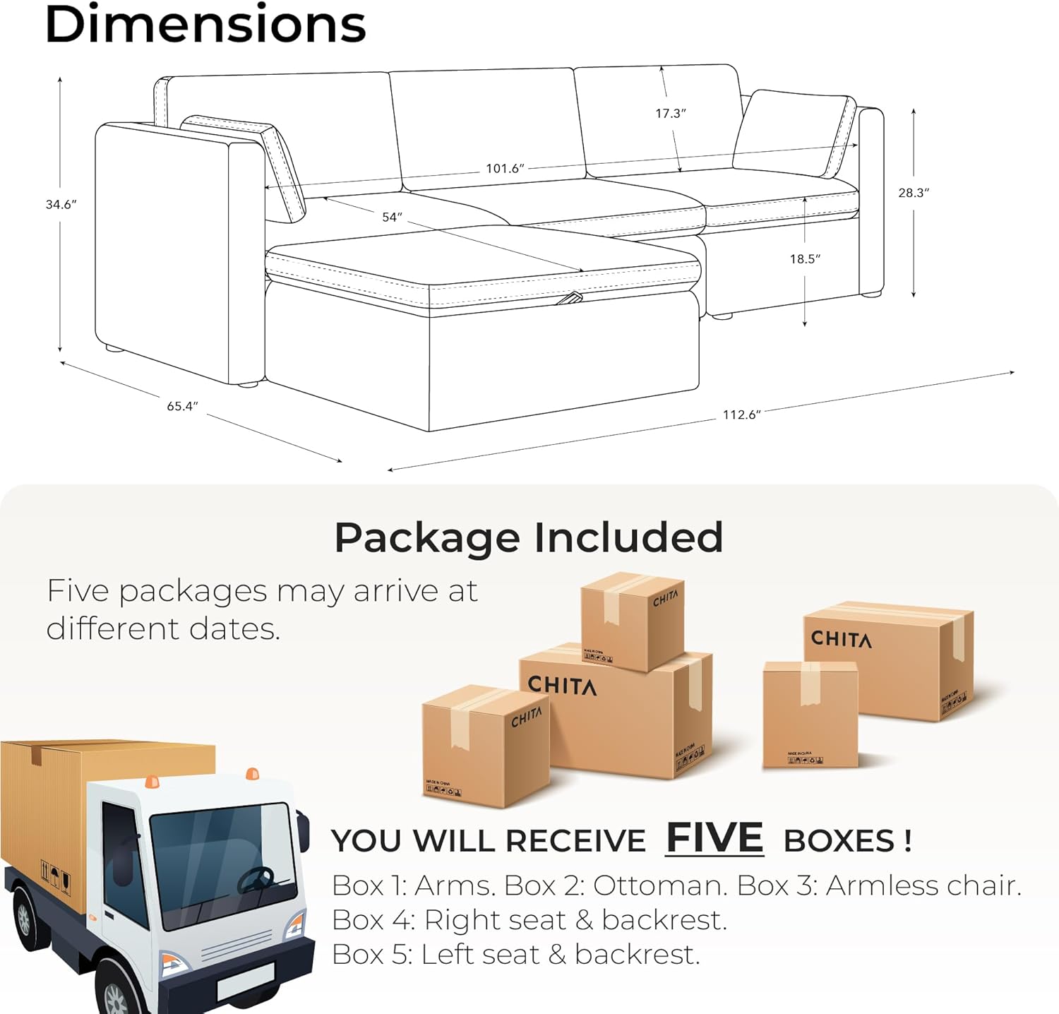 CHITA – Sofá Modular de Gran Tamaño en Forma de L de 112” con 4 Asientos y Otomana con Almacenamiento, Tapizado en Lino, Certificación FSC para Sala de Estar - Imagen 2
