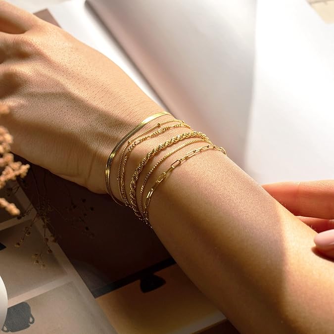 DEARMAY - Pulseras De Oro Para Mujer – Conjunto De Joyería Impermeable 14K Real, Pulsera Fina, Delicada, Apilable, Estilo Cuban Link Y Paperclip, Accesorios De Moda Y Regalos - Imagen 7
