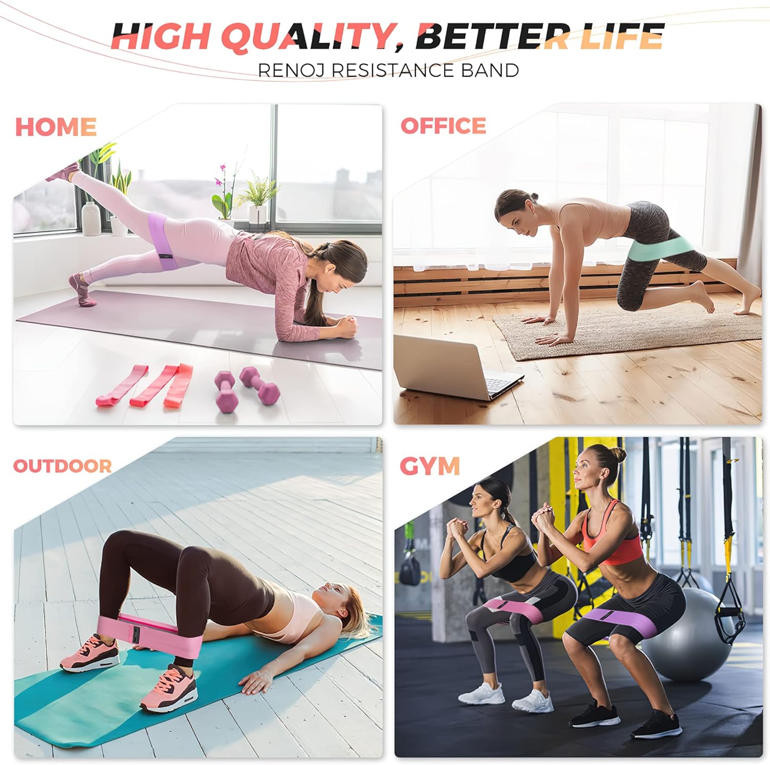 Renoj - Resistance Bands – Set de 3 Bandas Elásticas para Yoga, Pilates y Ejercicio – Ideal para Mujeres y Hombres – Tonifica Glúteos y Piernas - Imagen 7