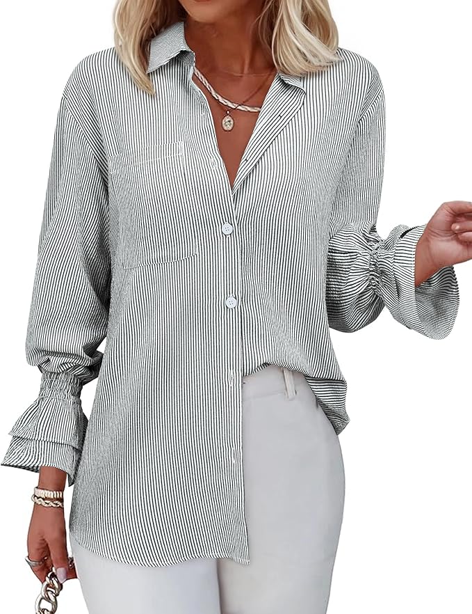 GLEEIVY - Blusa a Rayas para Mujer – Casual con Botones, Manga con Volantes, Puños Fruncidos y Bolsillos