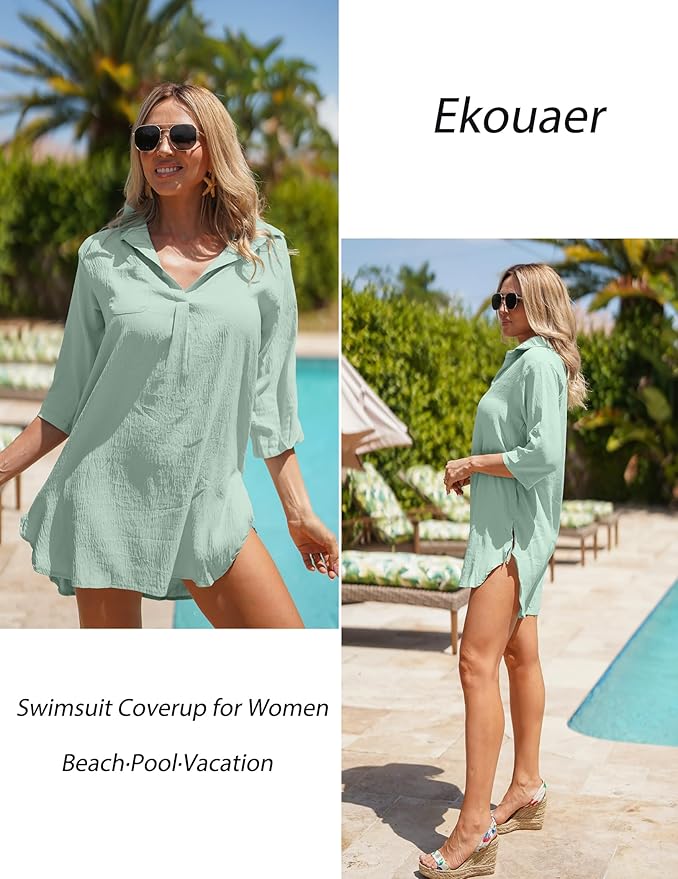 Ekouaer – Pareos de Playa para Mujer, Cuello en V, Salida de Baño, Vestido de Playa, Camisa para Bikini, Tallas S-3XL - Imagen 4