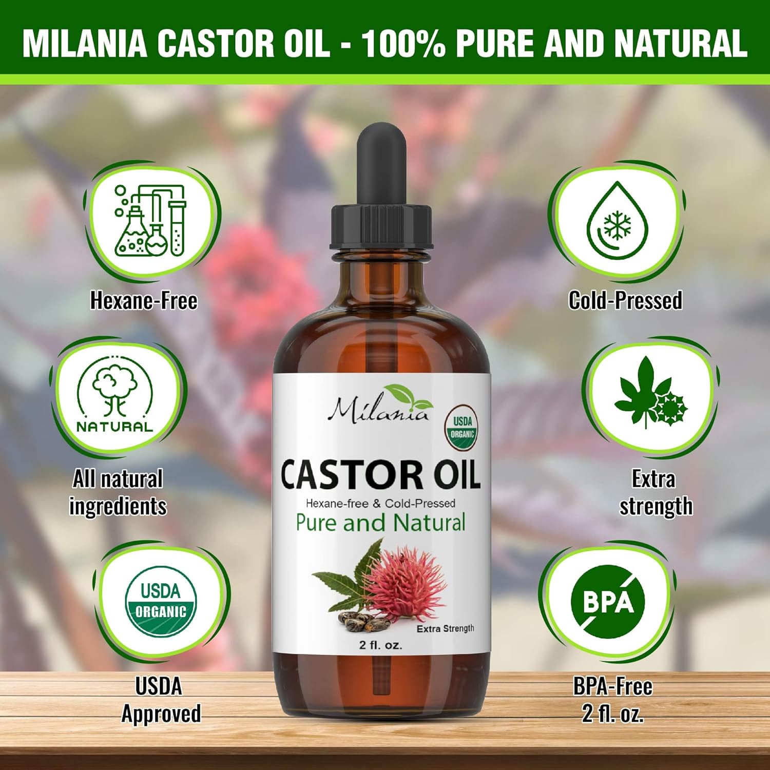 MILANIA - Aceite de Ricino Orgánico Prémium – Suero Prensado en Frío 100 % Puro (2 oz) para Piel, Cabello, Pestañas y Cejas - Imagen 6