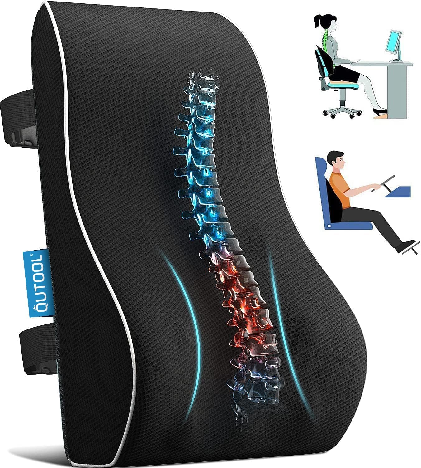 QUTOOL – Almohada de Apoyo Lumbar para Silla de Oficina, Automóvil y Silla de Juegos, Cojín Reclinable de Espuma Viscoelástica con Cubierta de Malla y Doble Correa Ajustable para Alivio del Dolor de Espalda y Mejora de la Postura