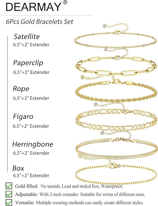 DEARMAY - Pulseras De Oro Para Mujer – Conjunto De Joyería Impermeable 14K Real, Pulsera Fina, Delicada, Apilable, Estilo Cuban Link Y Paperclip, Accesorios De Moda Y Regalos - Imagen 5