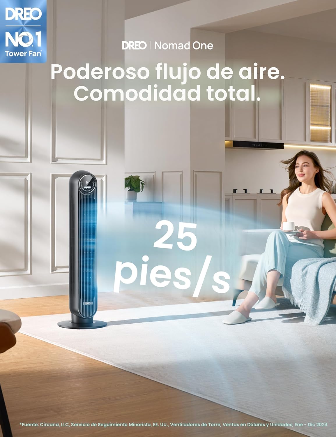 Dreo - Ventilador de Torre Silencioso para Dormitorio – 25 pies/s, 28 dB, Oscilación 90°, 4 Velocidades y Modos, Temporizador 8h - Imagen 5
