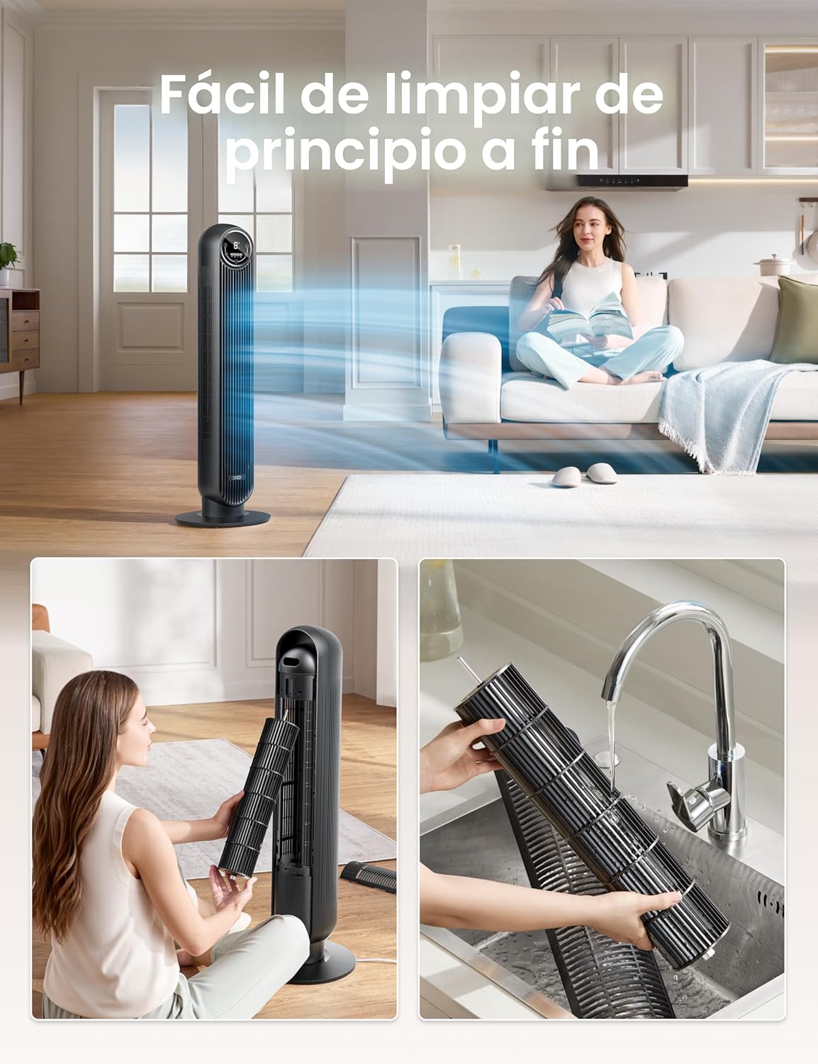 Dreo - Ventilador de Torre Silencioso para Dormitorio – 25 pies/s, 28 dB, Oscilación 90°, 4 Velocidades y Modos, Temporizador 8h - Imagen 6
