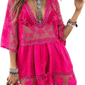 Eomenie – Traje de Baño de Encaje en Contraste para Mujer, Salida de Baño con Cuello en V, Vestido de Playa Suelto