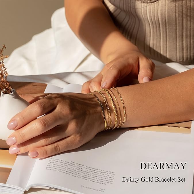 DEARMAY - Pulseras De Oro Para Mujer – Conjunto De Joyería Impermeable 14K Real, Pulsera Fina, Delicada, Apilable, Estilo Cuban Link Y Paperclip, Accesorios De Moda Y Regalos - Imagen 6