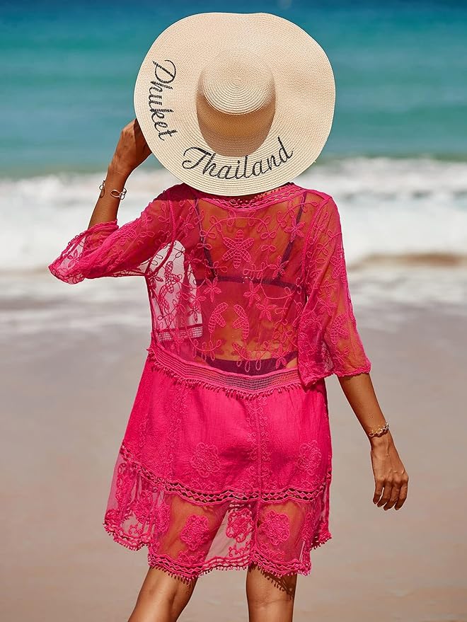 Eomenie – Traje de Baño de Encaje en Contraste para Mujer, Salida de Baño con Cuello en V, Vestido de Playa Suelto - Imagen 3