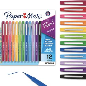 Paper Mate Flair – Rotuladores de Punta de Fieltro de 0.7 mm, Punta Media, Colores Surtidos, 12 Unidades, Ideal para Profesores y Estudiantes