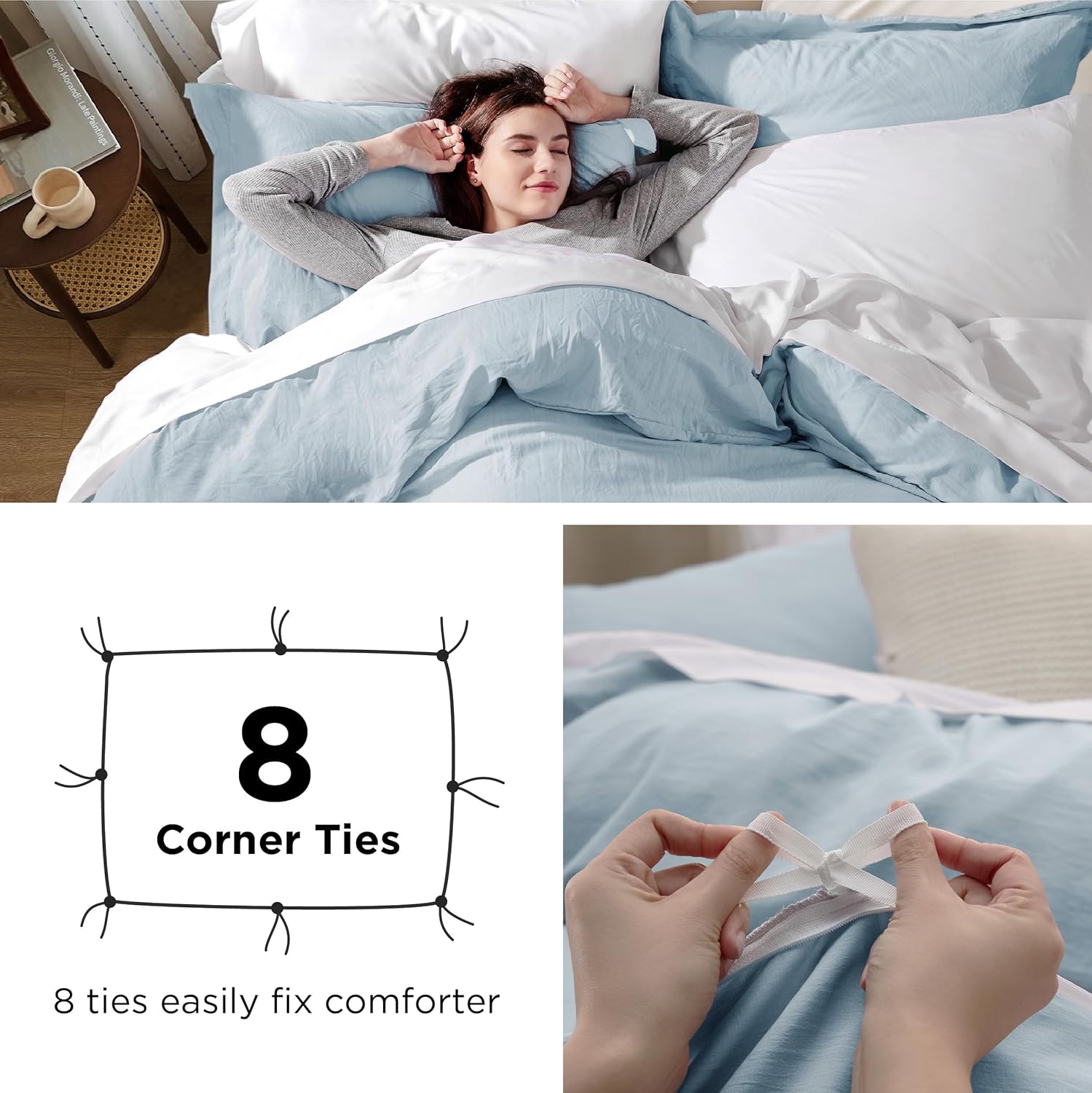 Bedsure – Juego de Ropa de Cama de 3 Piezas, Prelavado y Extrasuave, Funda de Edredón Queen 90"x90" con Cremallera + 2 Fundas de Almohada, Color Azul Cielo - Imagen 9