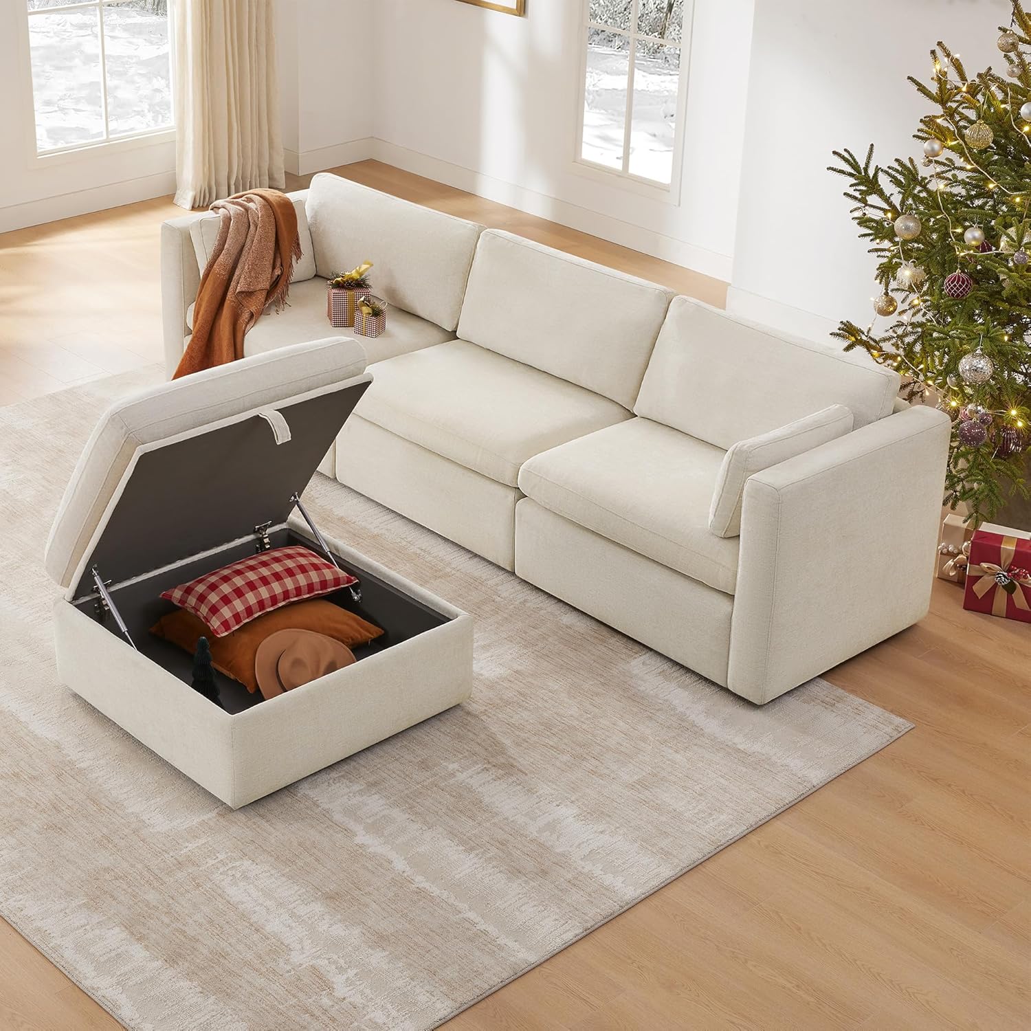 CHITA – Sofá Modular de Gran Tamaño en Forma de L de 112” con 4 Asientos y Otomana con Almacenamiento, Tapizado en Lino, Certificación FSC para Sala de Estar - Imagen 3