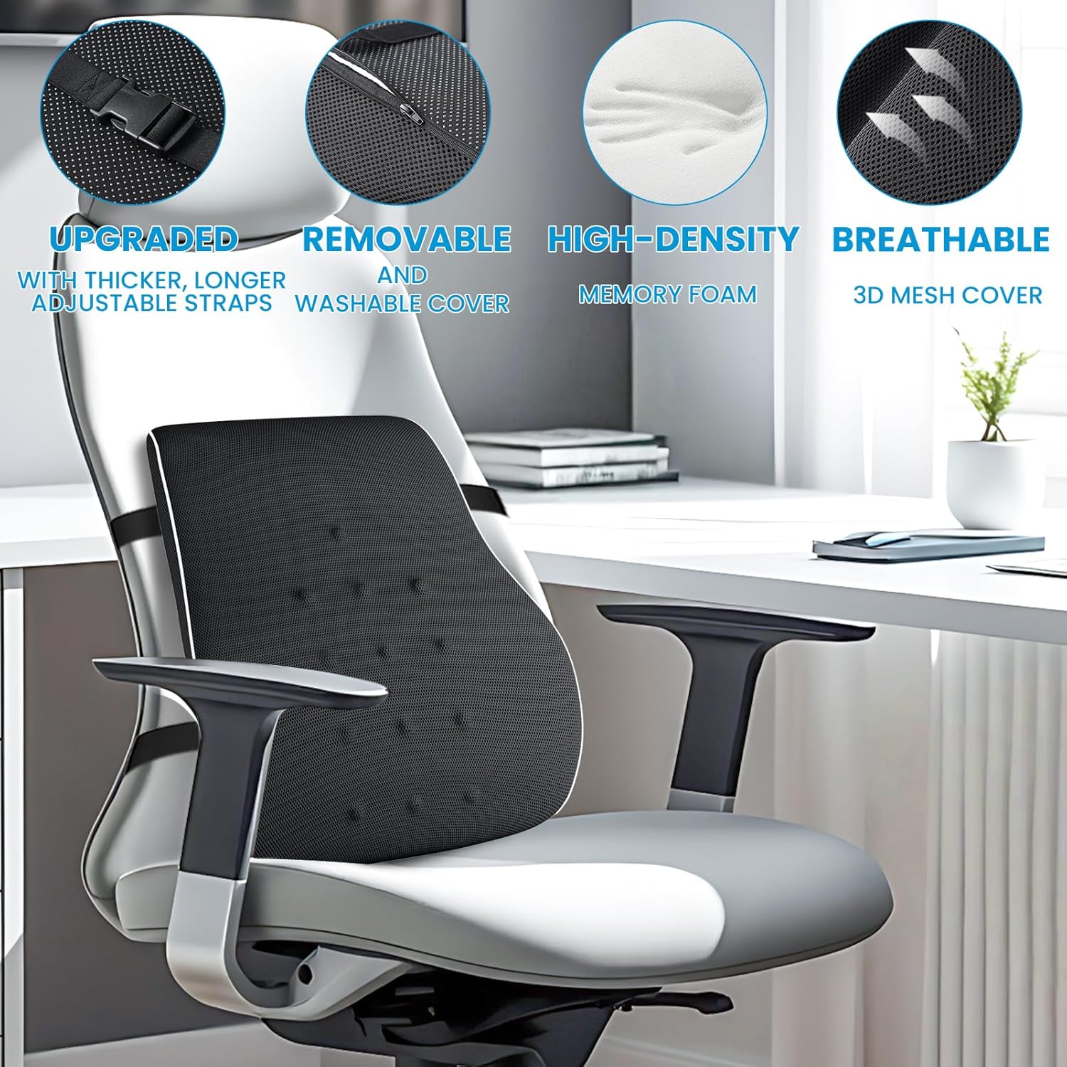 QUTOOL – Almohada de Apoyo Lumbar para Silla de Oficina, Automóvil y Silla de Juegos, Cojín Reclinable de Espuma Viscoelástica con Cubierta de Malla y Doble Correa Ajustable para Alivio del Dolor de Espalda y Mejora de la Postura - Imagen 7