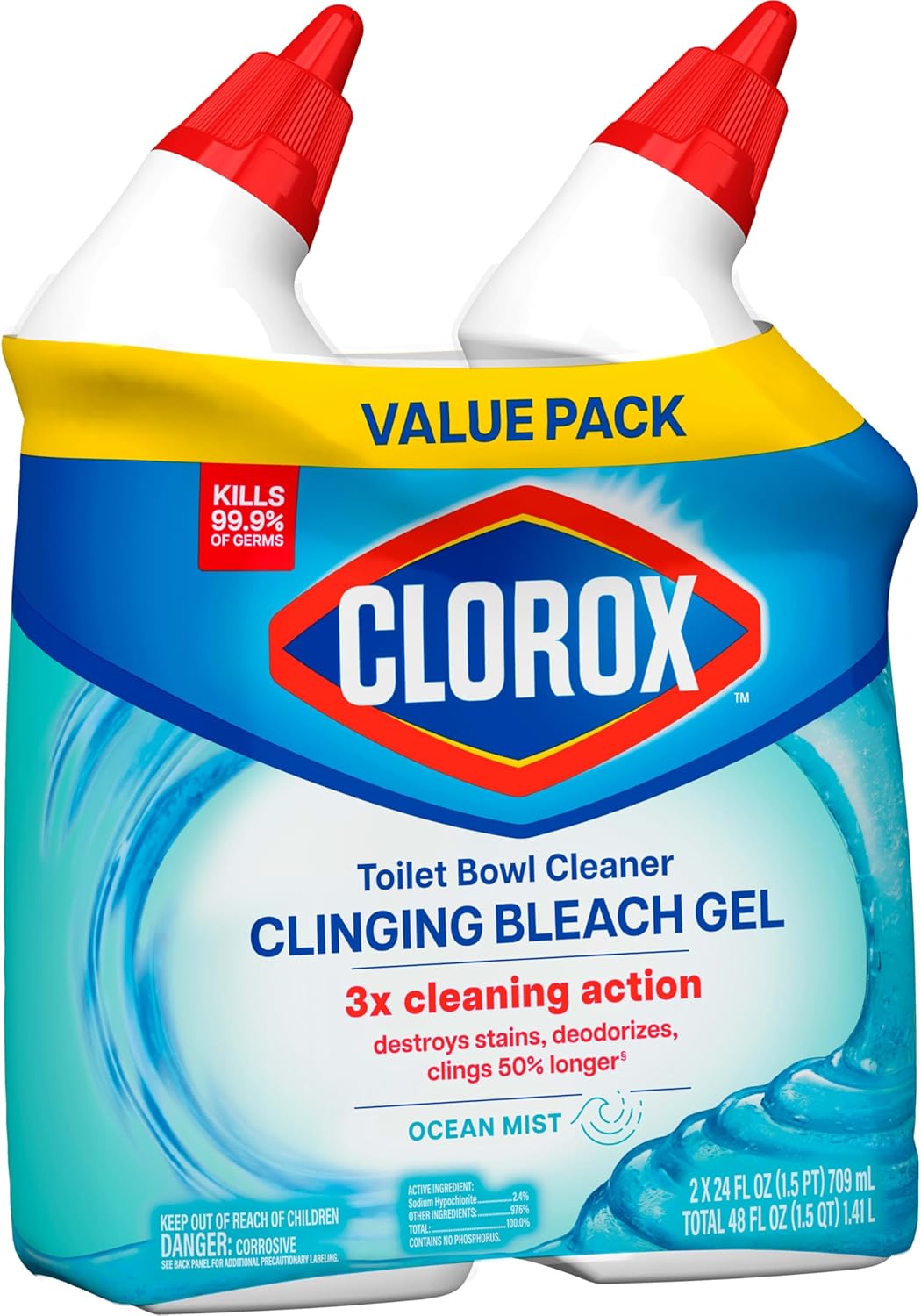 Clorox - Limpiador de Inodoro Gel Blanqueador Adherente, Aroma Niebla Oceánica, 24 oz, Paquete de 2