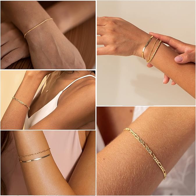 DEARMAY - Pulseras De Oro Para Mujer – Conjunto De Joyería Impermeable 14K Real, Pulsera Fina, Delicada, Apilable, Estilo Cuban Link Y Paperclip, Accesorios De Moda Y Regalos - Imagen 4