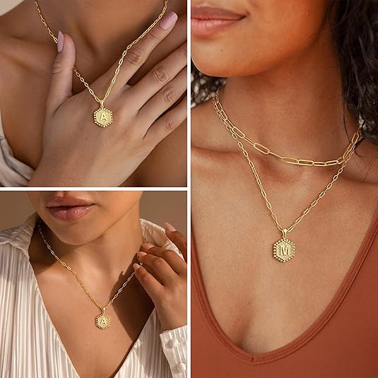 M MOOHAM Collar Delicado En Capas Para Mujer – Collar De Oro 14K Con Letra Inicial Hexagonal, Joyería Personalizada Ideal Para Regalos - Imagen 3