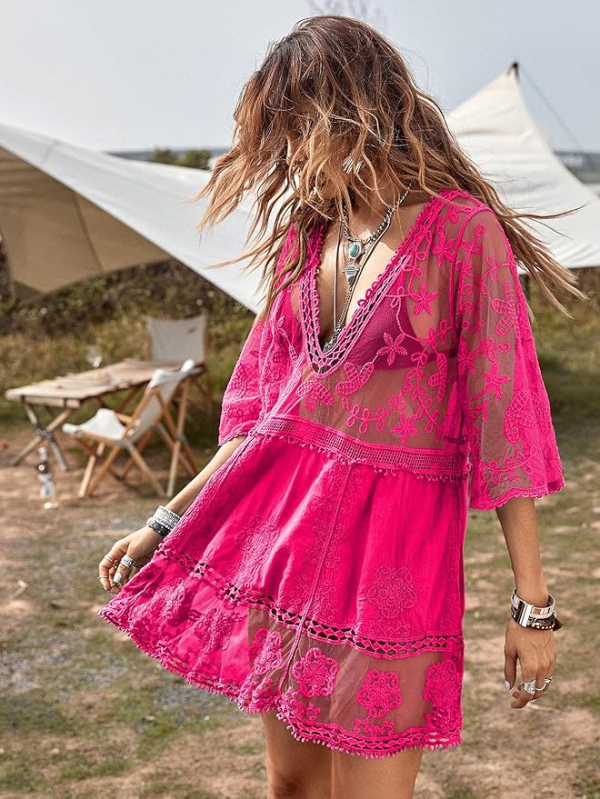 Eomenie – Traje de Baño de Encaje en Contraste para Mujer, Salida de Baño con Cuello en V, Vestido de Playa Suelto - Imagen 4
