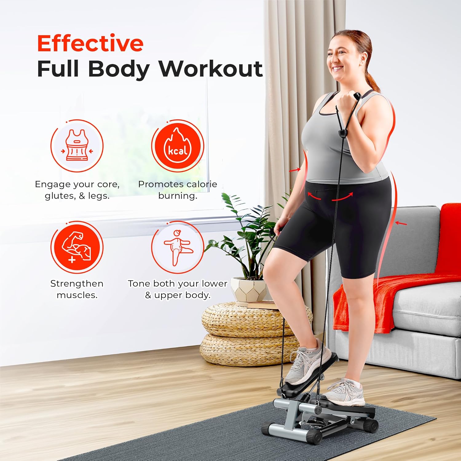 Sunny Health & Fitness - Mini Stepper con Bandas de Resistencia – Máquina de Ejercicio en Casa para Cardio de Cuerpo Completo – Soporta Más de 300 Libras - Imagen 5