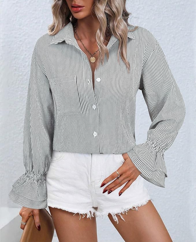 GLEEIVY - Blusa a Rayas para Mujer – Casual con Botones, Manga con Volantes, Puños Fruncidos y Bolsillos - Imagen 3