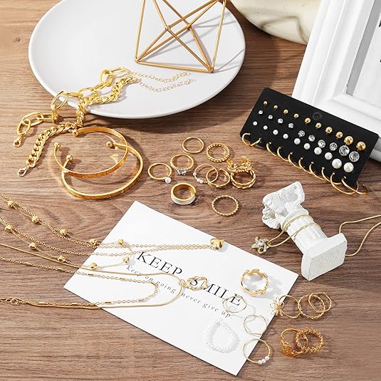 IFKM - Juego De Joyería Chapada En Oro 36 Piezas – 4 Collares, 11 Pulseras, 7 Aretes, 14 Anillos De Nudillos Para Mujer Y Niñas – Regalo Ideal Para San Valentín, Aniversario Y Cumpleaños - Imagen 8