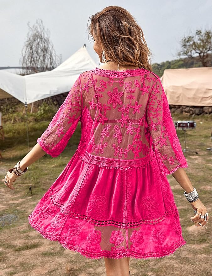 Eomenie – Traje de Baño de Encaje en Contraste para Mujer, Salida de Baño con Cuello en V, Vestido de Playa Suelto - Imagen 5